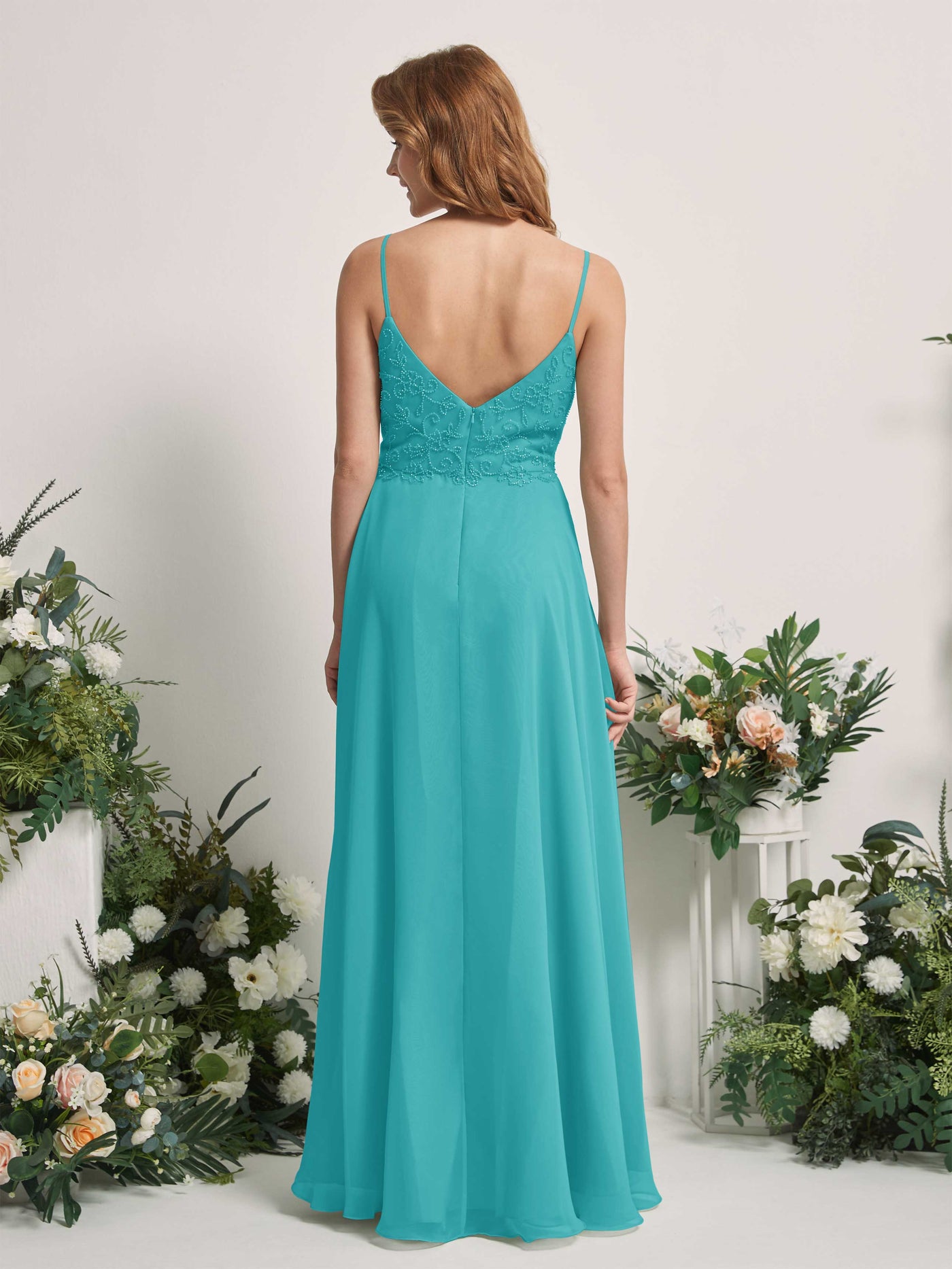 Carlyna Vestido línea A Escote en V Tirantes finos Hasta el suelo Dama de honor Turquesa #color_turquesa