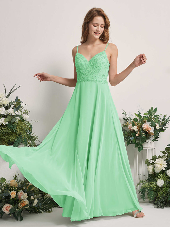 Carlyna Vestido línea A Escote en V Tirantes finos Hasta el suelo Dama de honor Verde Menta 
