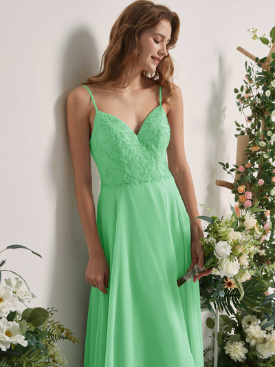 Carlyna Vestido línea A Escote en V Tirantes finos Hasta el suelo Dama de honor Verde Menta #color_verde-menta