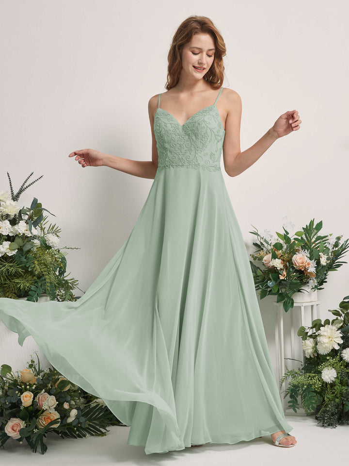 Carlyna Vestido línea A Escote en V Tirantes finos Hasta el suelo Dama de honor Verde Salvia 
