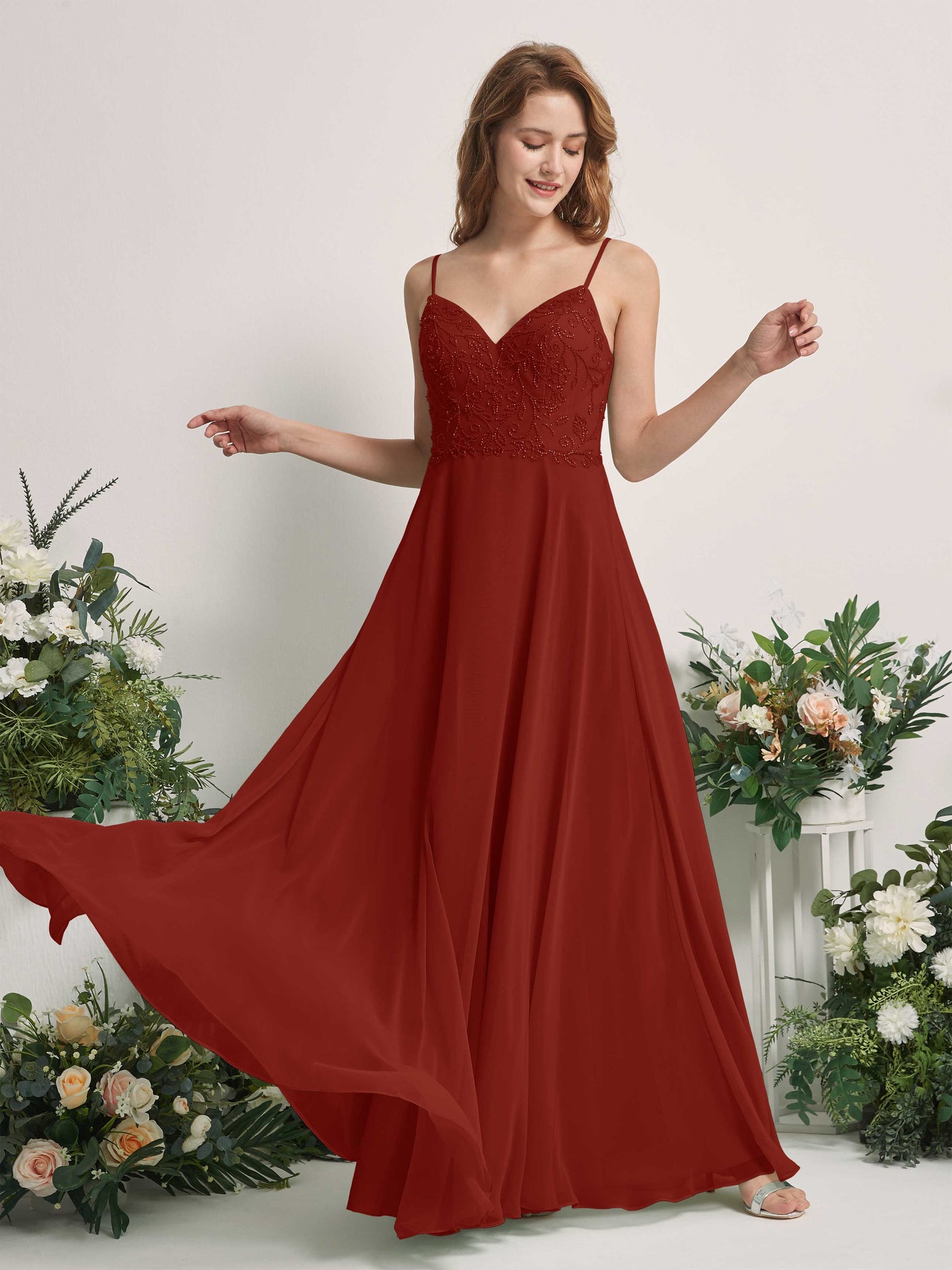 Carlyna Vestido línea A Escote en V Tirantes finos Hasta el suelo Dama de honor Óxido #color_xido