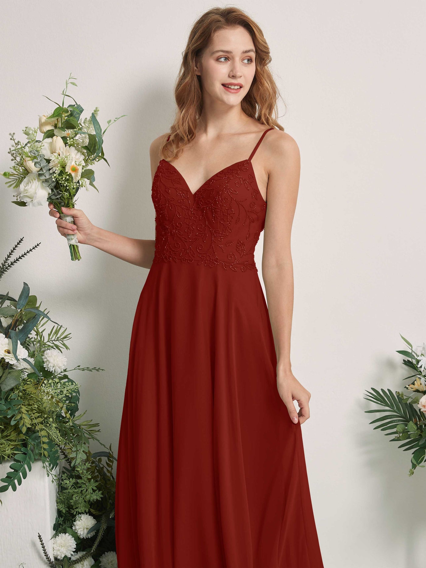 Carlyna Vestido línea A Escote en V Tirantes finos Hasta el suelo Dama de honor Óxido #color_xido