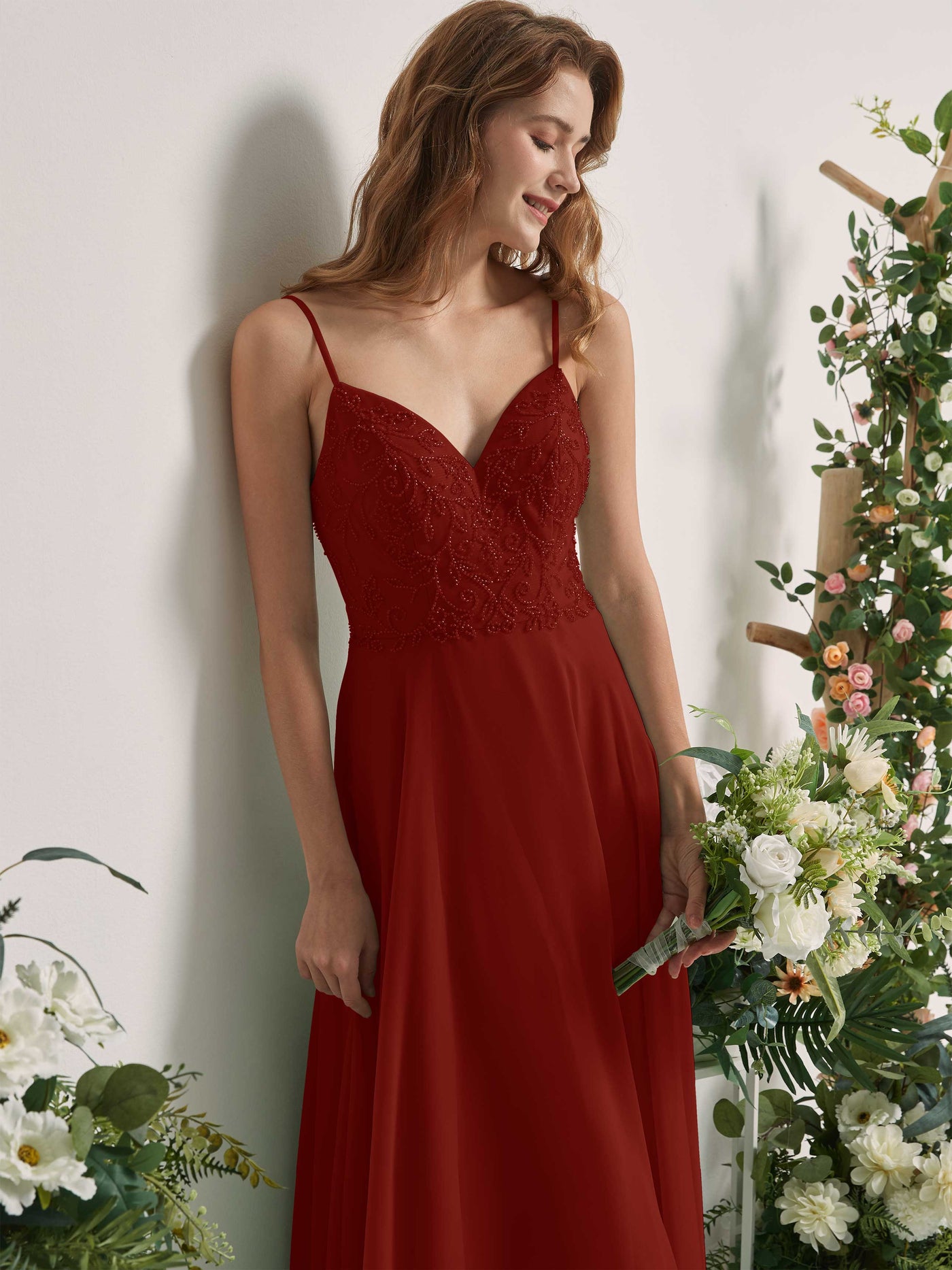 Carlyna Vestido línea A Escote en V Tirantes finos Hasta el suelo Dama de honor Óxido #color_xido