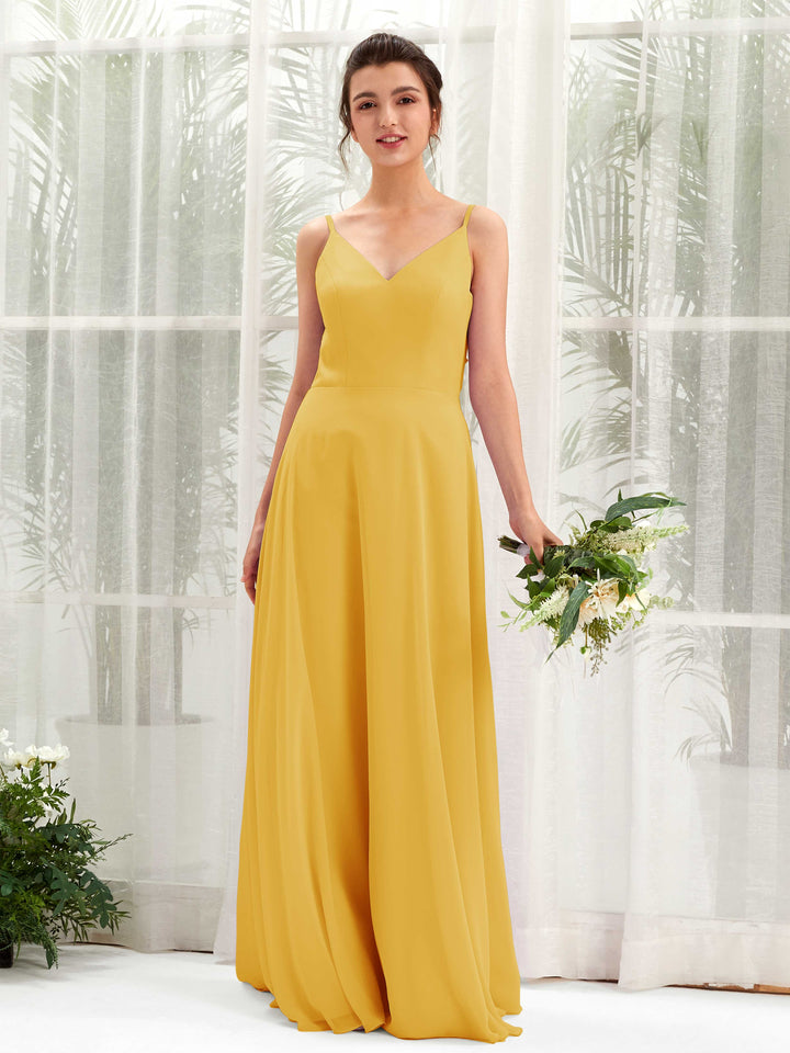 Carlyna Vestido línea A escote en V tirantes finos vestido dama de honor Amarillo Mostaza 