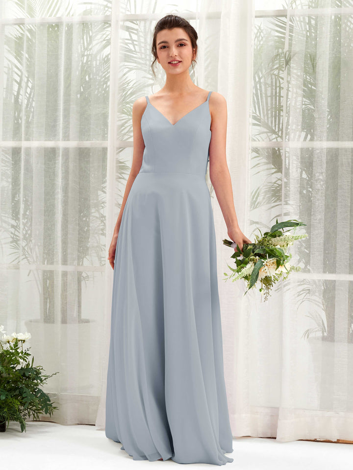 Carlyna Vestido línea A escote en V tirantes finos vestido dama de honor Azul Empolvado Mejorado 