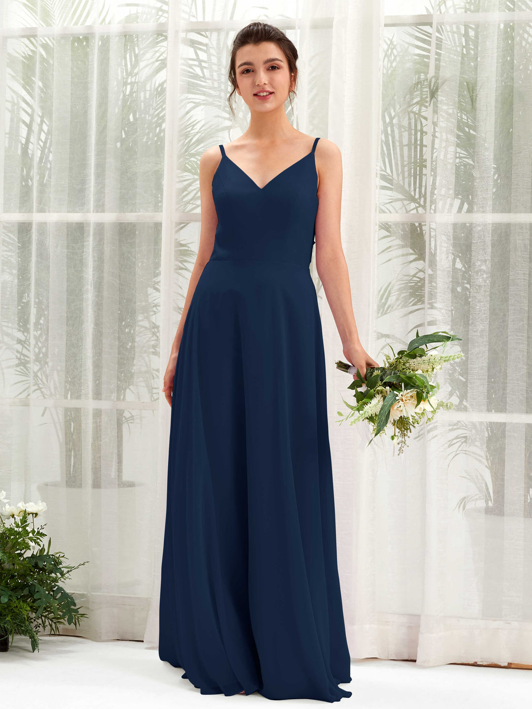 Carlyna Vestido línea A escote en V tirantes finos vestido dama de honor Azul Marino 