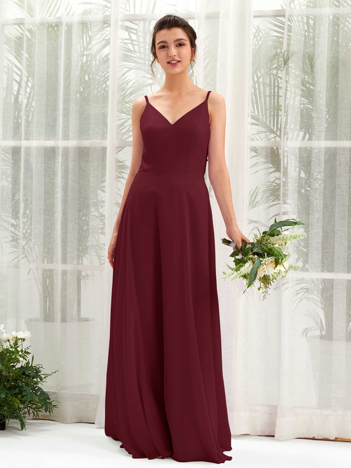 Carlyna Vestido línea A escote en V tirantes finos vestido dama de honor Borgoña 
