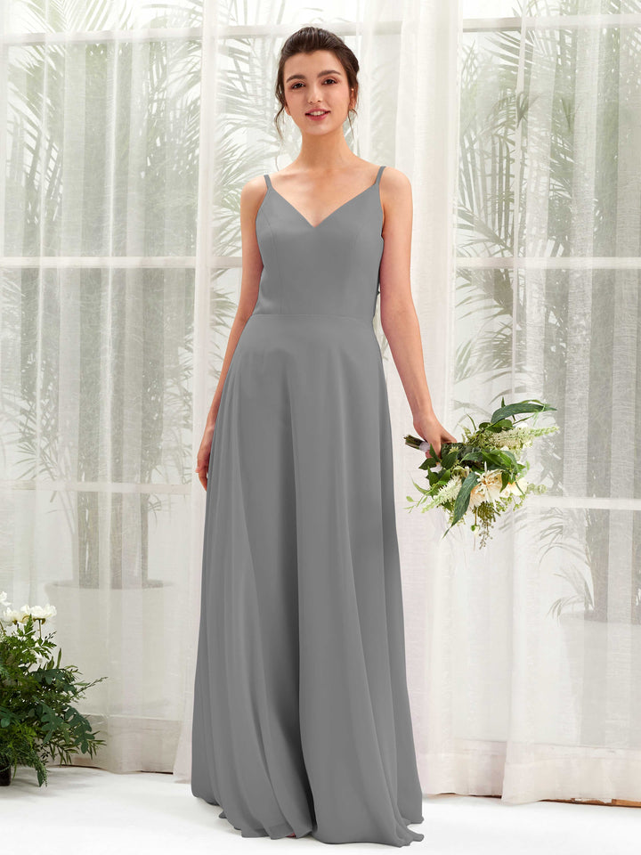 Carlyna Vestido línea A escote en V tirantes finos vestido dama de honor Gris Acero 