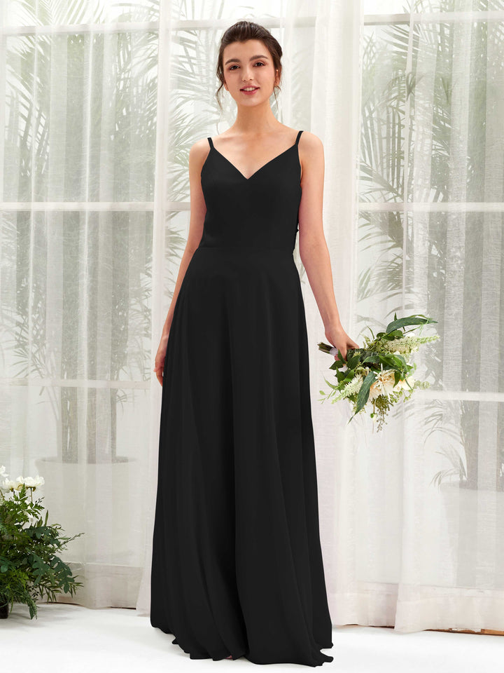 Carlyna Vestido línea A escote en V tirantes finos vestido dama de honor Negro 