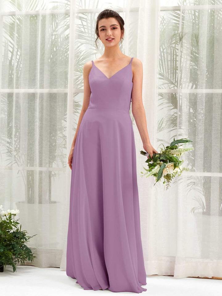 Carlyna Vestido línea A escote en V tirantes finos vestido dama de honor Niebla Orquídea 