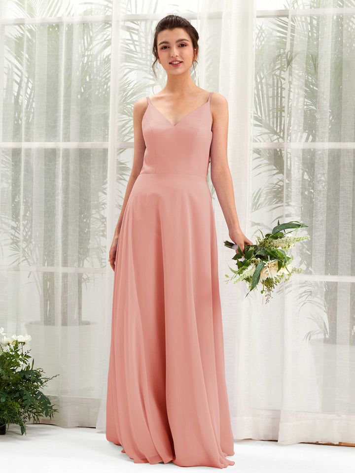 Carlyna Vestido línea A escote en V tirantes finos vestido dama de honor Rosa Champán 