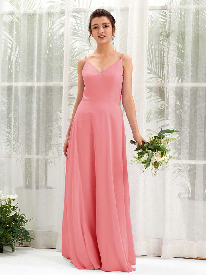 Carlyna Vestido línea A escote en V tirantes finos vestido dama de honor Rosa Coral 