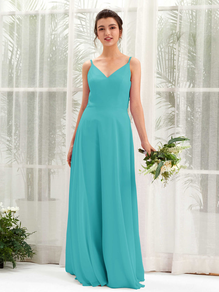 Carlyna Vestido línea A escote en V tirantes finos vestido dama de honor Turquesa 