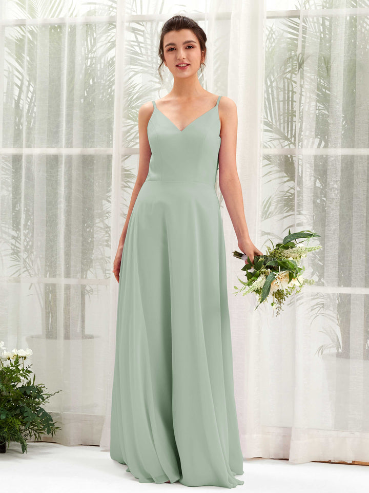 Carlyna Vestido línea A escote en V tirantes finos vestido dama de honor Verde Salvia 