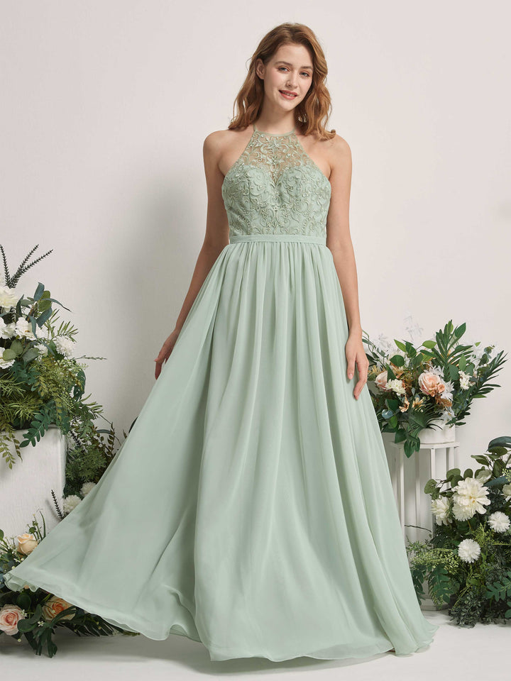 Carlyna Vestido línea A escote ilusión hasta el suelo gasa vestido de dama de honor Verde Salvia 