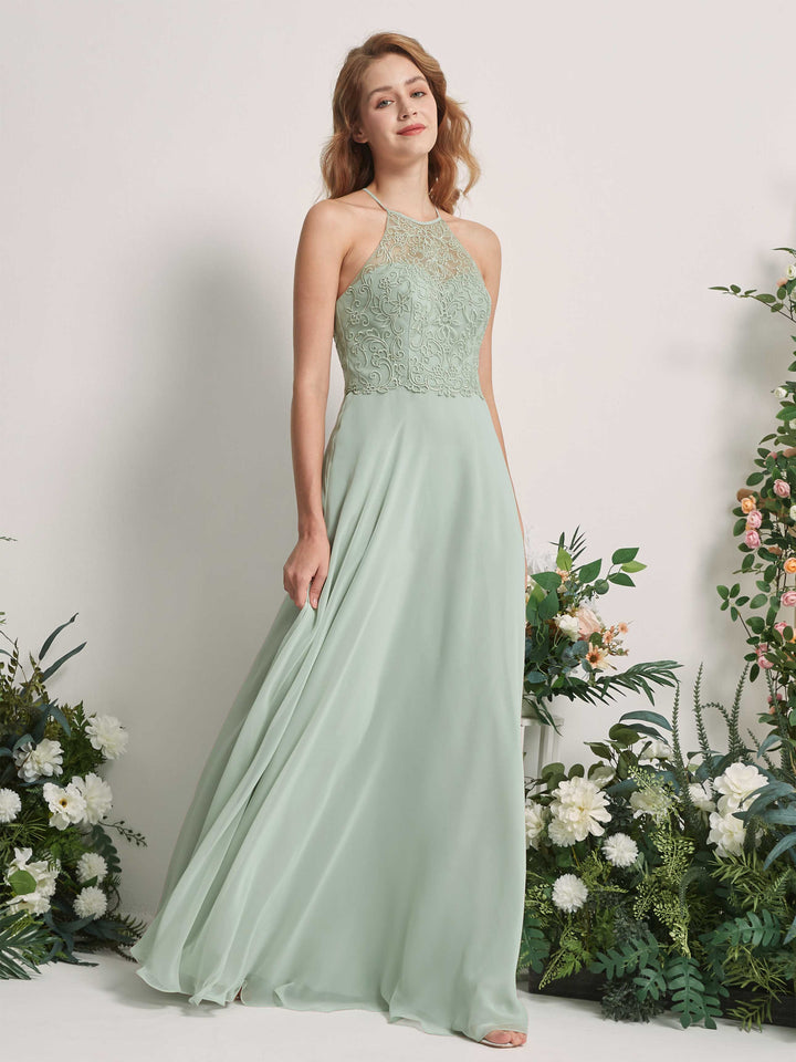 Carlyna Vestido Línea A Escote Ilusión Hasta el Suelo Vestidos de Dama de Honor Verde Salvia 