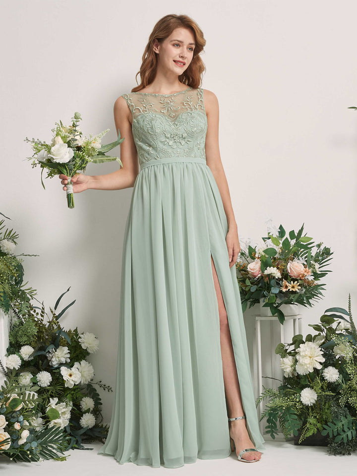 Carlyna Vestido Línea A Escote Ilusión Hasta el Suelo Vestidos de Dama de Honor Verde Salvia 