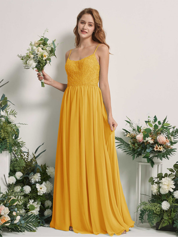 Carlyna Vestido línea A escote redondo hasta el suelo gasa dama de honor Amarillo Mostaza 