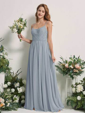 Carlyna Vestido línea A escote redondo hasta el suelo gasa dama de honor Azul Empolvado Mejorado #color_azul-empolvado-mejorado