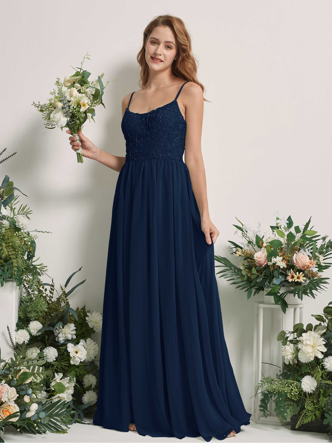 Carlyna Vestido línea A escote redondo hasta el suelo gasa dama de honor Azul Marino 