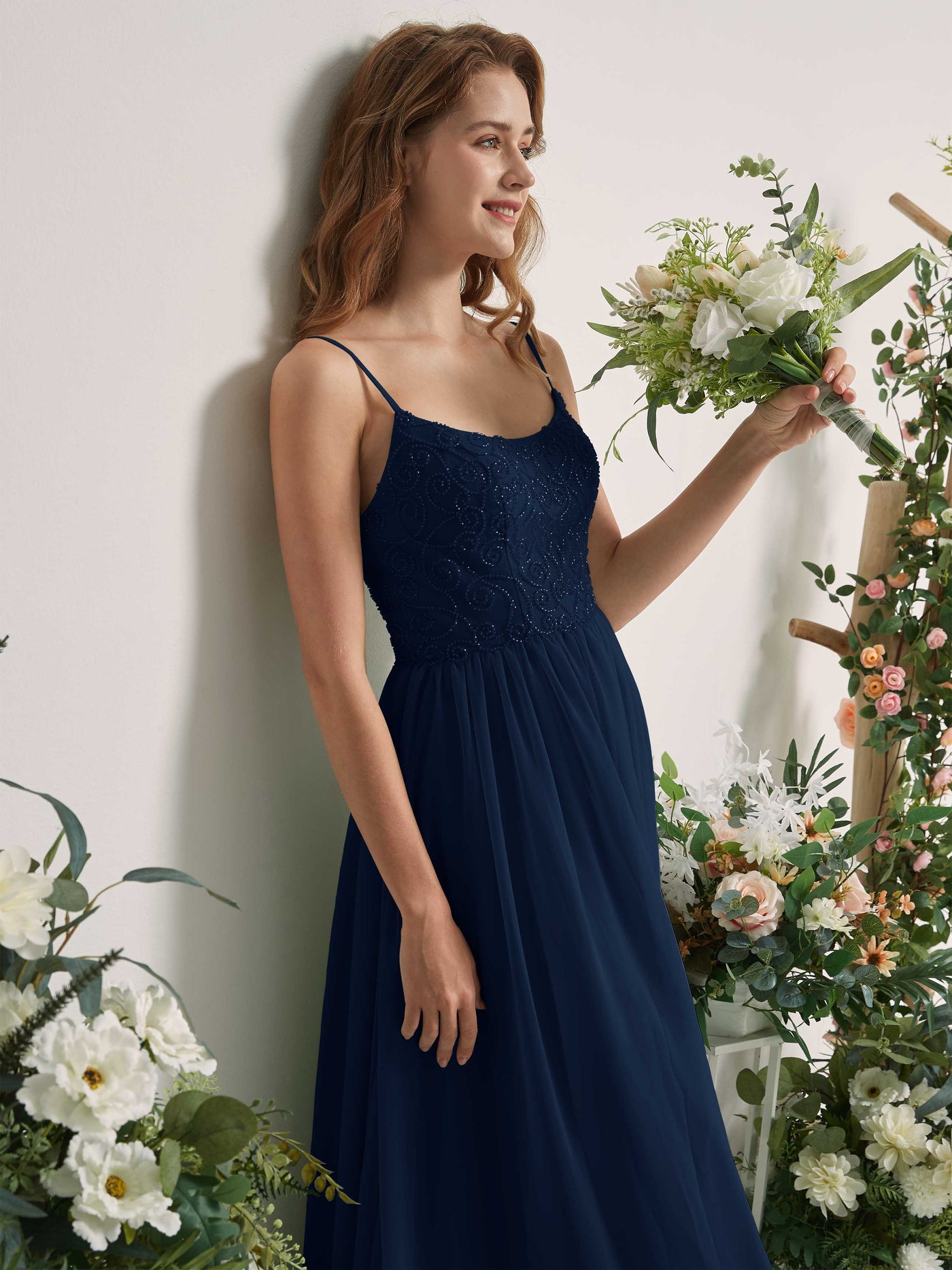 Carlyna Vestido línea A escote redondo hasta el suelo gasa dama de honor Azul Marino #color_azul-marino