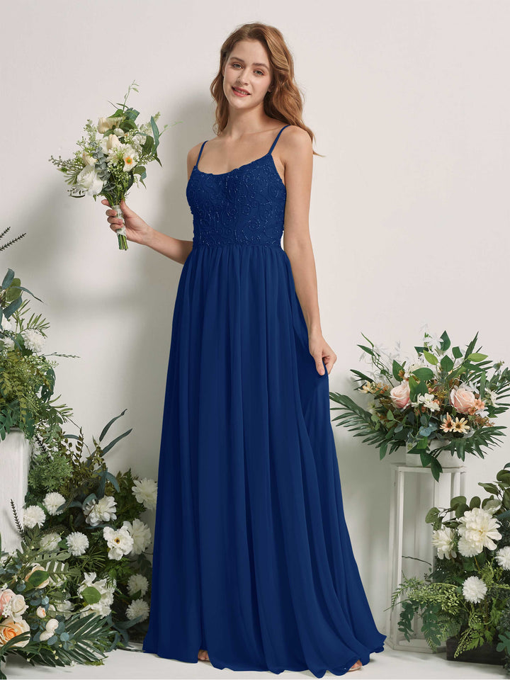 Carlyna Vestido línea A escote redondo hasta el suelo gasa dama de honor Azul Real 