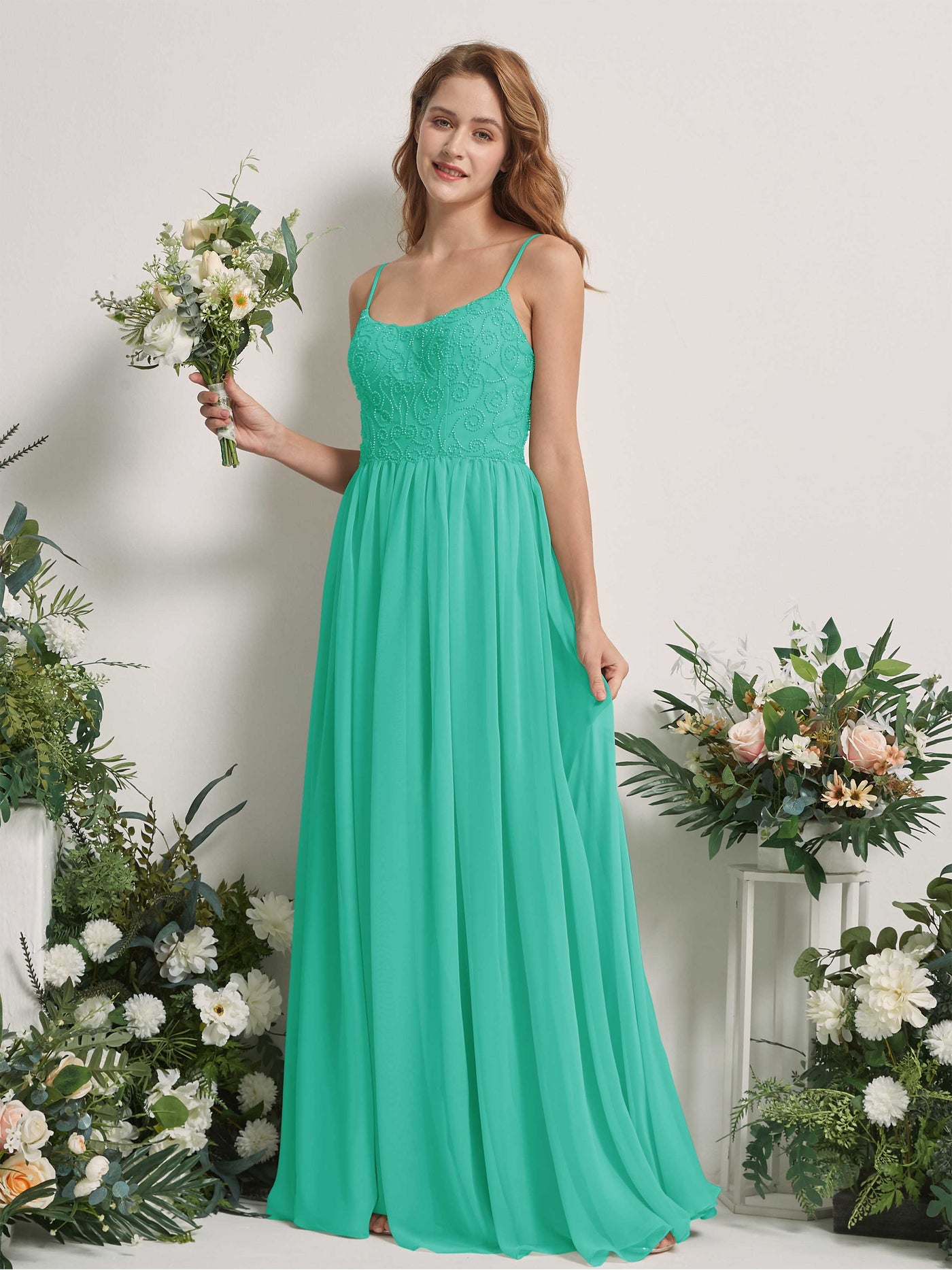 Carlyna Vestido línea A escote redondo hasta el suelo gasa dama de honor Azul Tiffany #color_azul-tiffany