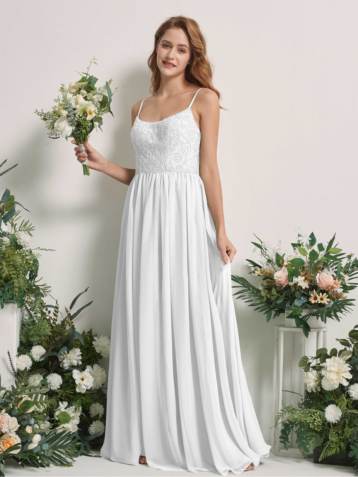 Carlyna Vestido línea A escote redondo hasta el suelo gasa dama de honor Blanco #color_blanco