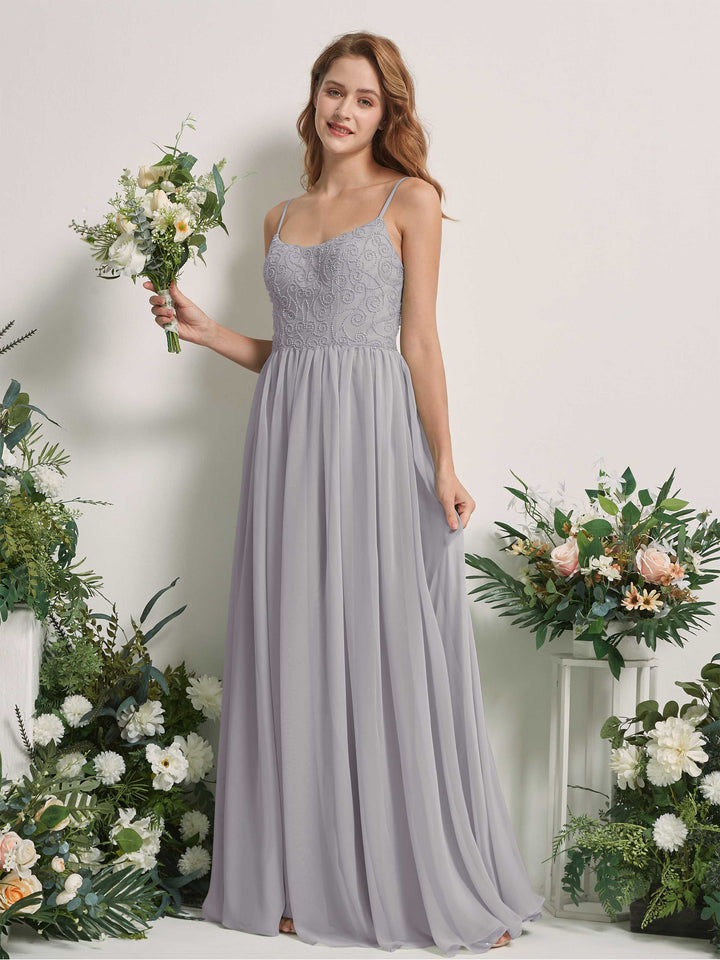 Carlyna Vestido línea A escote redondo hasta el suelo gasa dama de honor Gris Paloma 