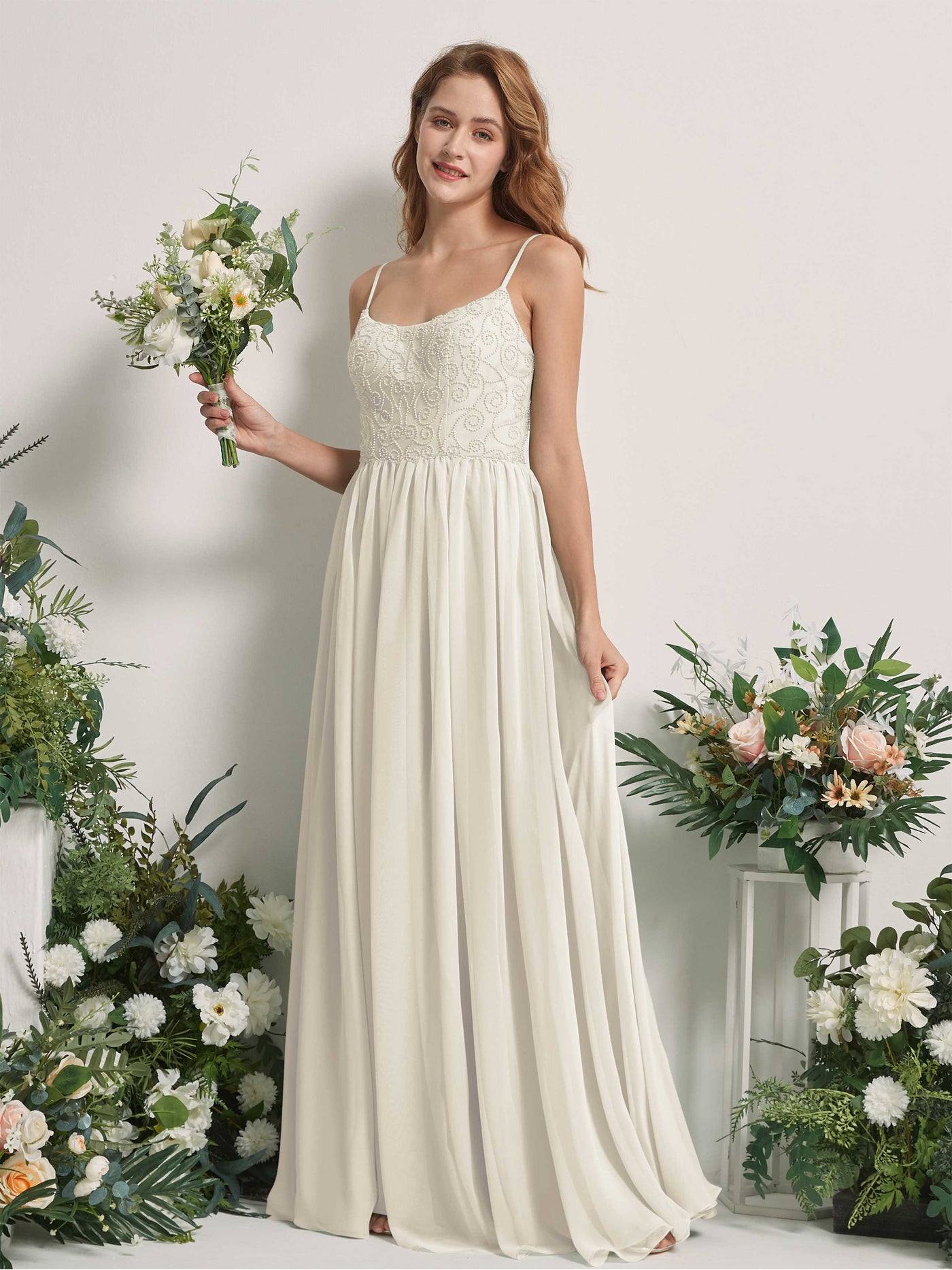 Carlyna Vestido línea A escote redondo hasta el suelo gasa dama de honor Marfil #color_marfil