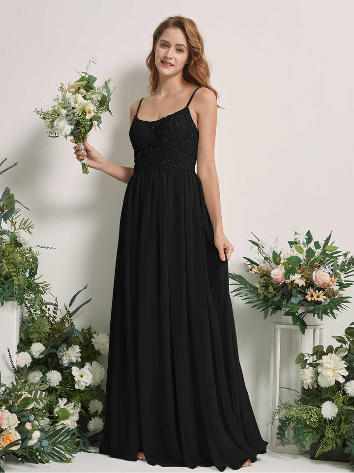Carlyna Vestido línea A escote redondo hasta el suelo gasa dama de honor Negro 