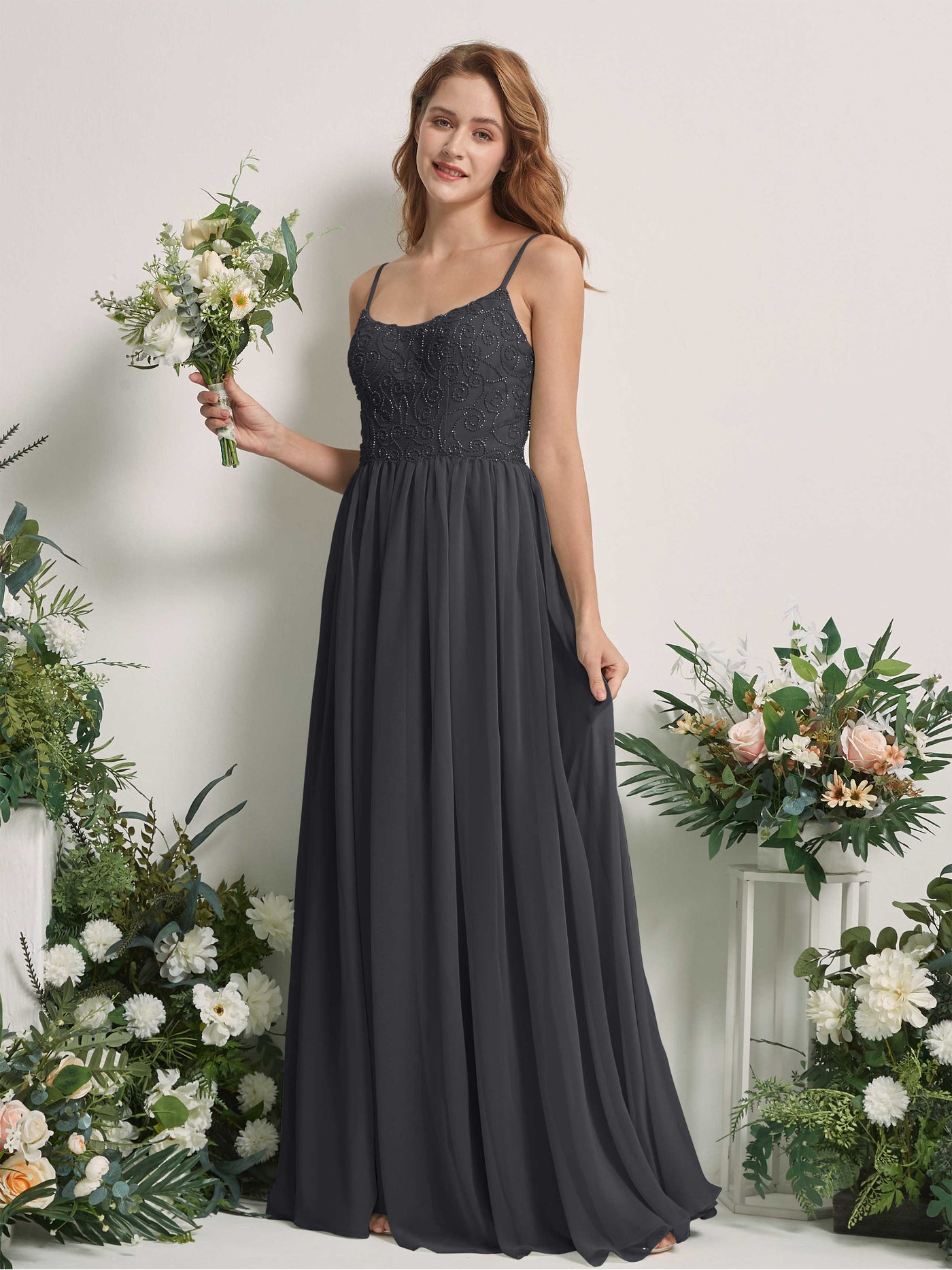 Carlyna Vestido línea A escote redondo hasta el suelo gasa dama de honor Peltre #color_peltre