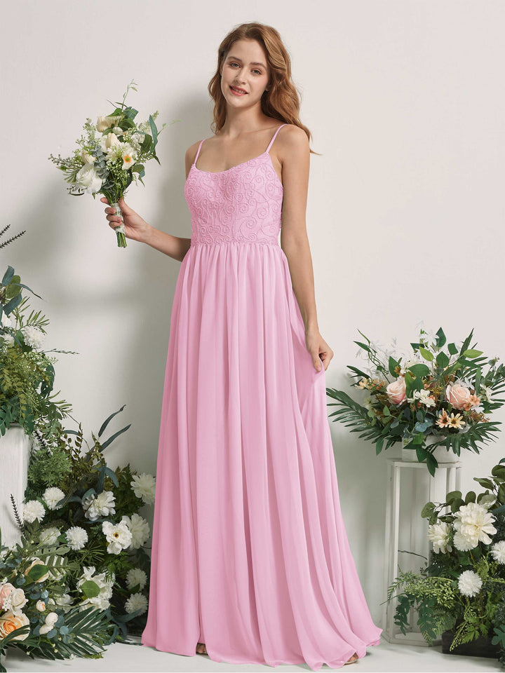 Carlyna Vestido línea A escote redondo hasta el suelo gasa dama de honor Rosa Caramelo 