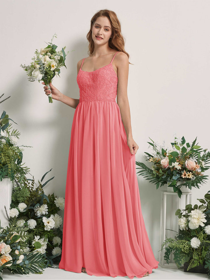 Carlyna Vestido línea A escote redondo hasta el suelo gasa dama de honor Rosa Coral 
