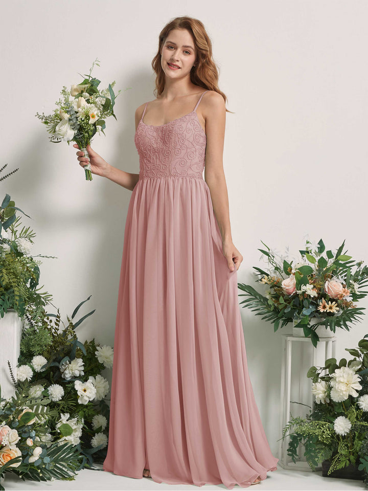 Carlyna Vestido línea A escote redondo hasta el suelo gasa dama de honor Rosa Polvorienta 