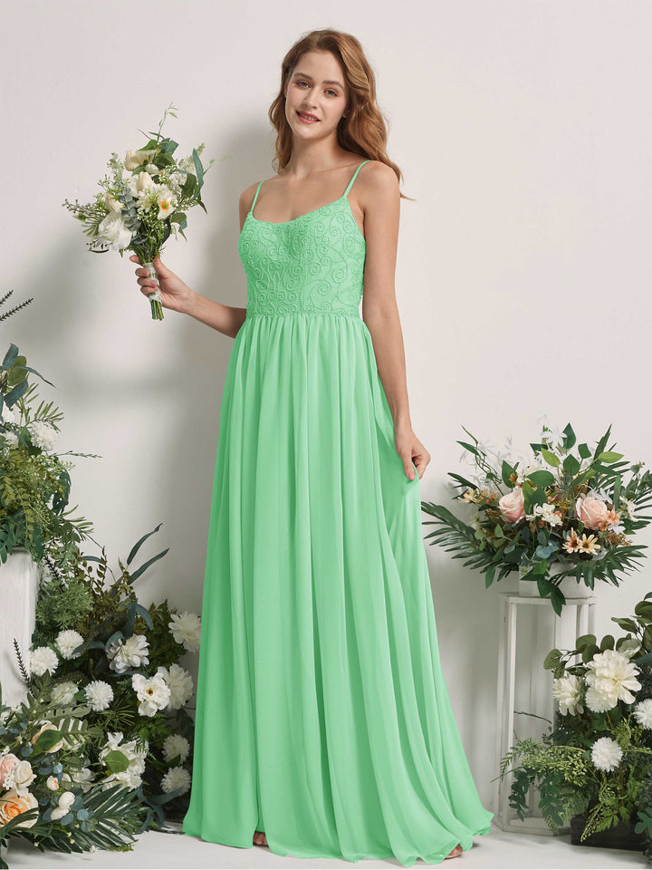 Carlyna Vestido línea A escote redondo hasta el suelo gasa dama de honor Verde Menta 