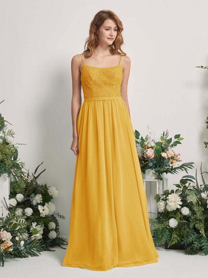 Carlyna Vestido Línea A Escote redondo Largo Gasa Vestidos de dama de honor Amarillo Mostaza 