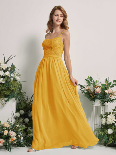 Carlyna Vestido Línea A Escote redondo Largo Gasa Vestidos de dama de honor Amarillo Mostaza #color_amarillo-mostaza