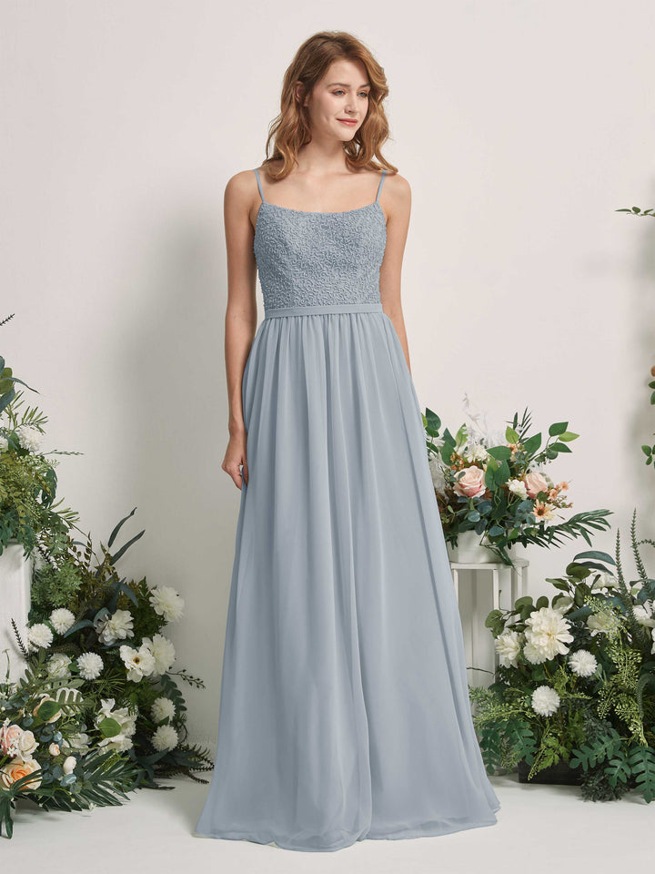 Carlyna Vestido Línea A Escote redondo Largo Gasa Vestidos de dama de honor Azul Empolvado Mejorado 