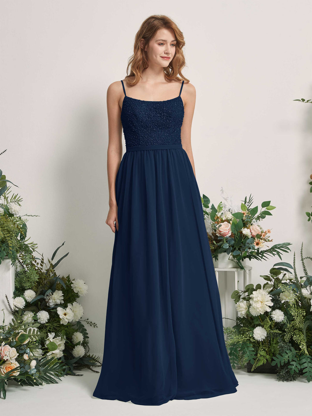 Carlyna Vestido Línea A Escote redondo Largo Gasa Vestidos de dama de honor Azul Marino 