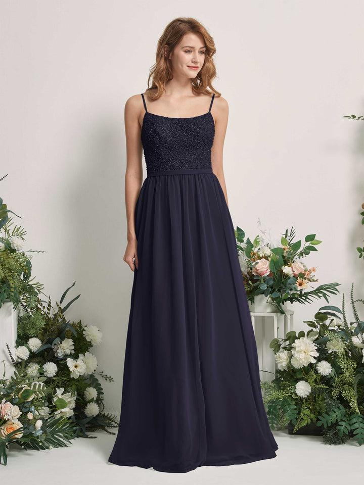 Carlyna Vestido Línea A Escote redondo Largo Gasa Vestidos de dama de honor Azul Marino Oscuro 