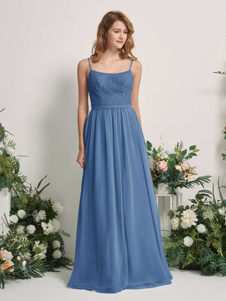 Carlyna Vestido Línea A Escote redondo Largo Gasa Vestidos de dama de honor Azul polvoriento 