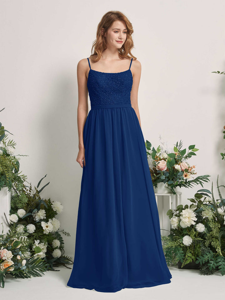 Carlyna Vestido Línea A Escote redondo Largo Gasa Vestidos de dama de honor Azul Real 