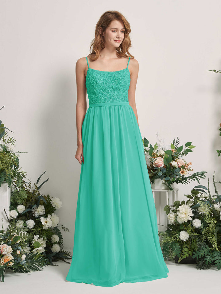 Carlyna Vestido Línea A Escote redondo Largo Gasa Vestidos de dama de honor Azul Tiffany 