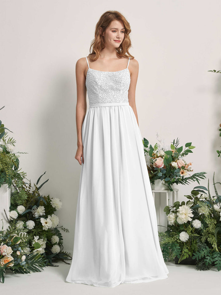 Carlyna Vestido Línea A Escote redondo Largo Gasa Vestidos de dama de honor Blanco 