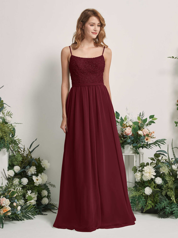 Carlyna Vestido Línea A Escote redondo Largo Gasa Vestidos de dama de honor Borgoña 