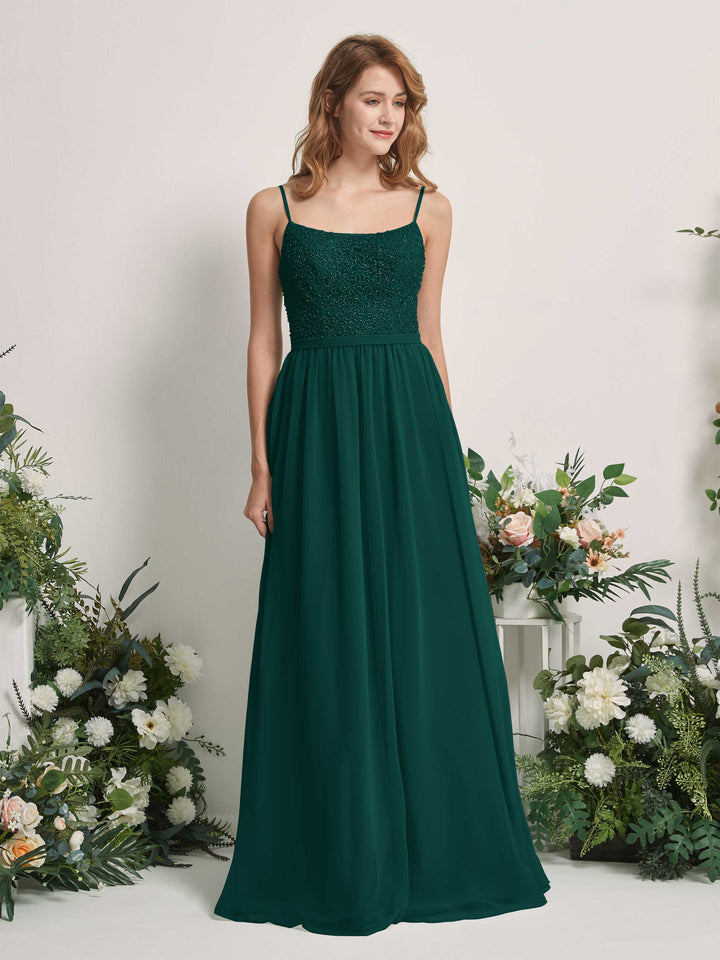 Carlyna Vestido Línea A Escote redondo Largo Gasa Vestidos de dama de honor Esmeralda Oscuro 