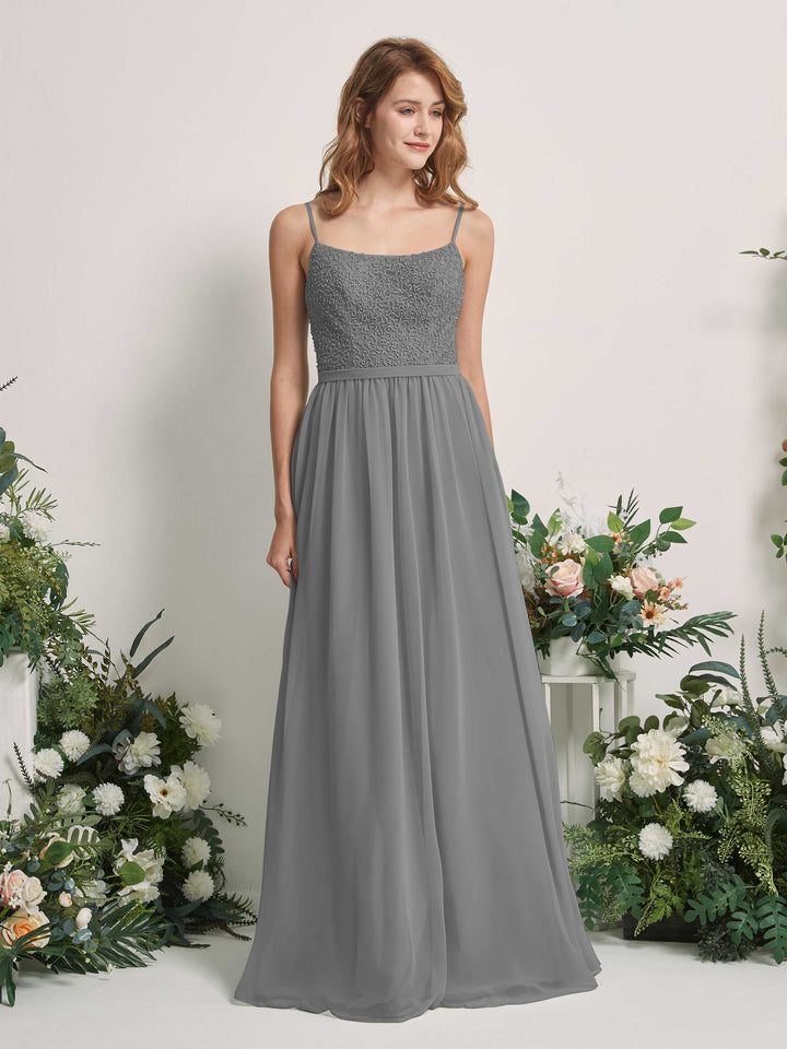 Carlyna Vestido Línea A Escote redondo Largo Gasa Vestidos de dama de honor Gris Acero 