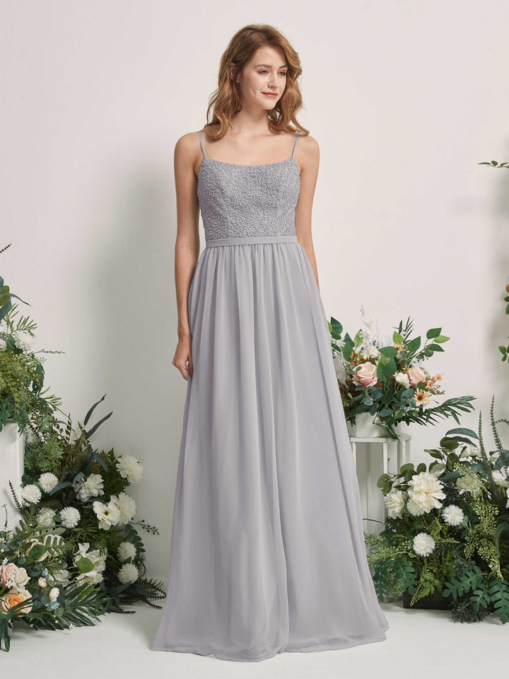 Carlyna Vestido Línea A Escote redondo Largo Gasa Vestidos de dama de honor Gris Paloma 