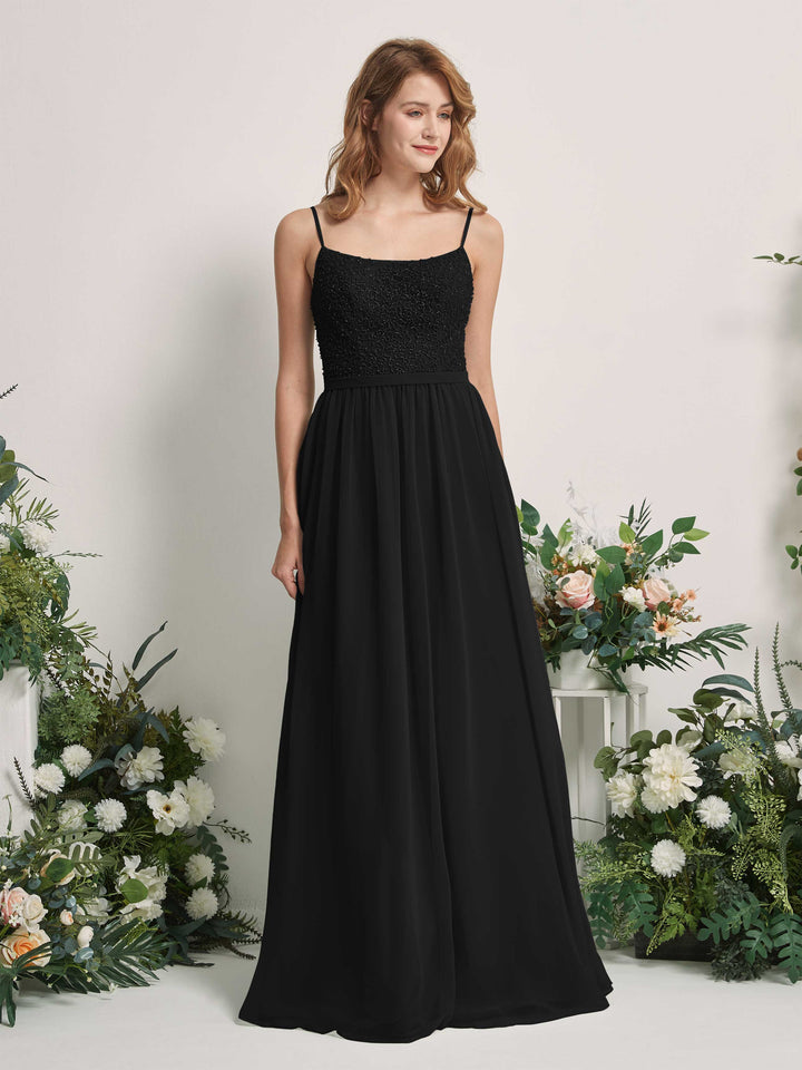 Carlyna Vestido Línea A Escote redondo Largo Gasa Vestidos de dama de honor Negro 